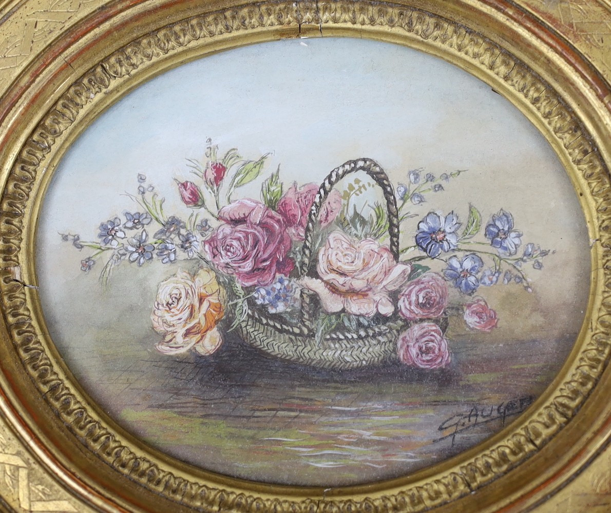 G. Auger, watercolour, Still life of flowers in a basket, signed, 13 x 16cm, in ornate gilt frame